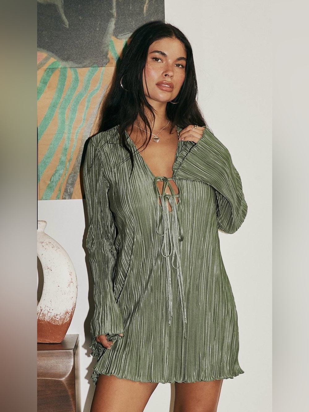 Malop Long Sleeve Mini Dress Sage - Size 2 - Picture 2 of 11